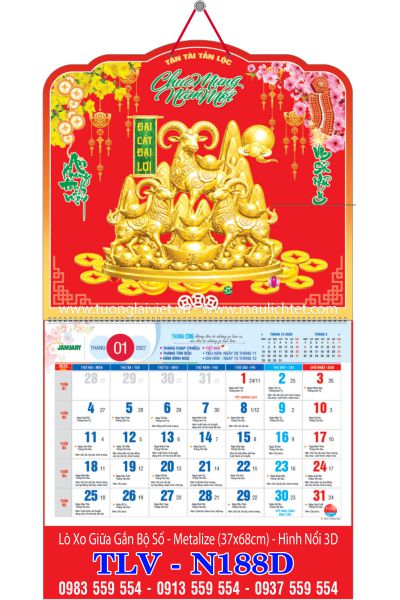 Lịch lò xo giữa 13 tờ dán nổi Khai Xuân Đại Cát