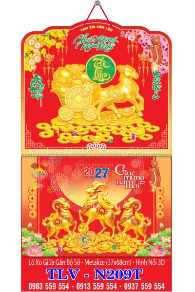 Lịch lò xo giữa 13 tờ dán nổi Xuân Khởi Lộc