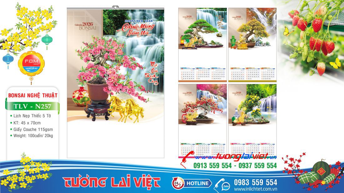 Lịch nẹp thiếc 5 tờ Cây cảnh Bonsai