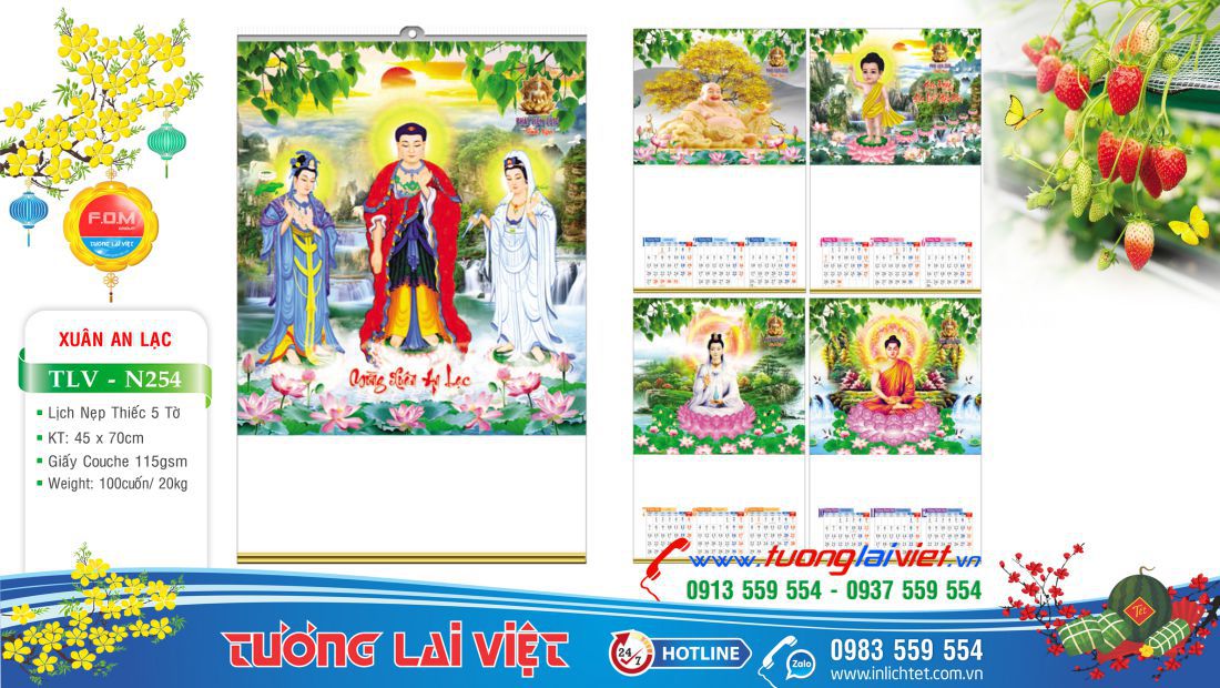 Lịch nẹp thiếc 5 tờ Lịch Phật