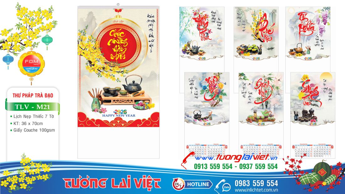 Lịch nẹp thiếc 7 tờ Chữ thư pháp