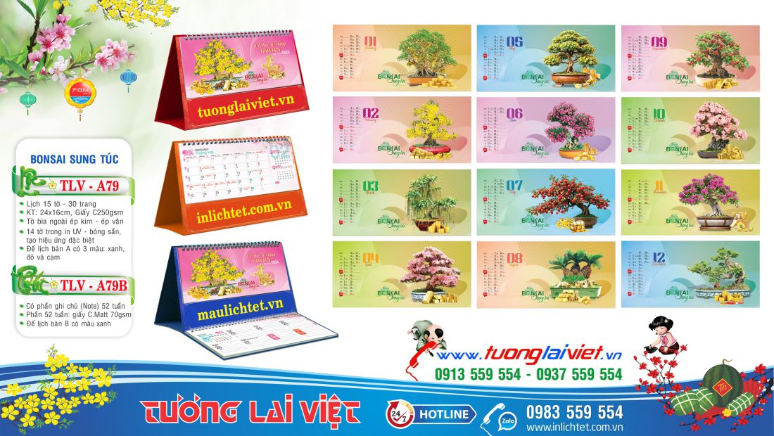 Mẫu lịch để bàn Bonsai sung túc