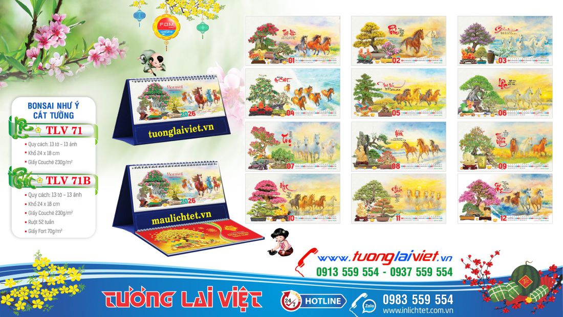 Mẫu lịch để bàn Bonsai tài lộc