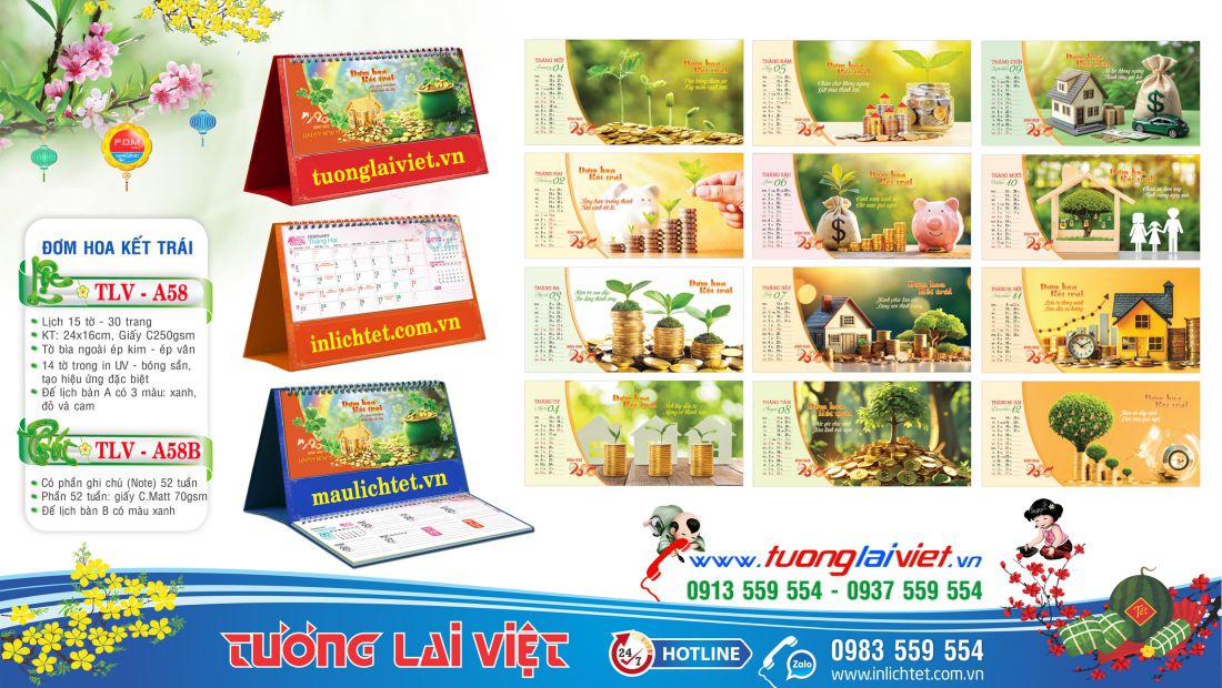 Mẫu lịch để bàn Đơm hoa kết trái