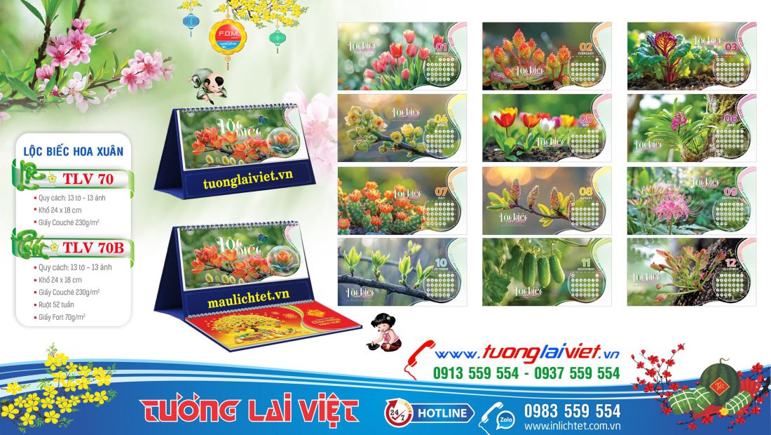 Mẫu lịch để bàn Lộc biếc hoa xuân