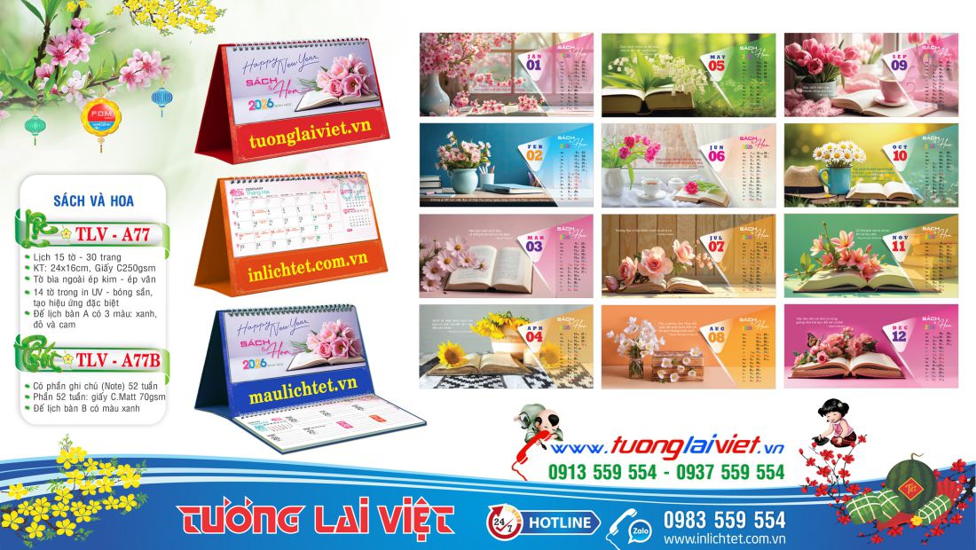 Mẫu lịch để bàn Sách và Hoa